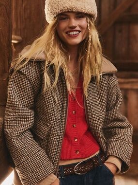 NWT Free People Spearmint Cozy Plaid Fur Collar Jacket